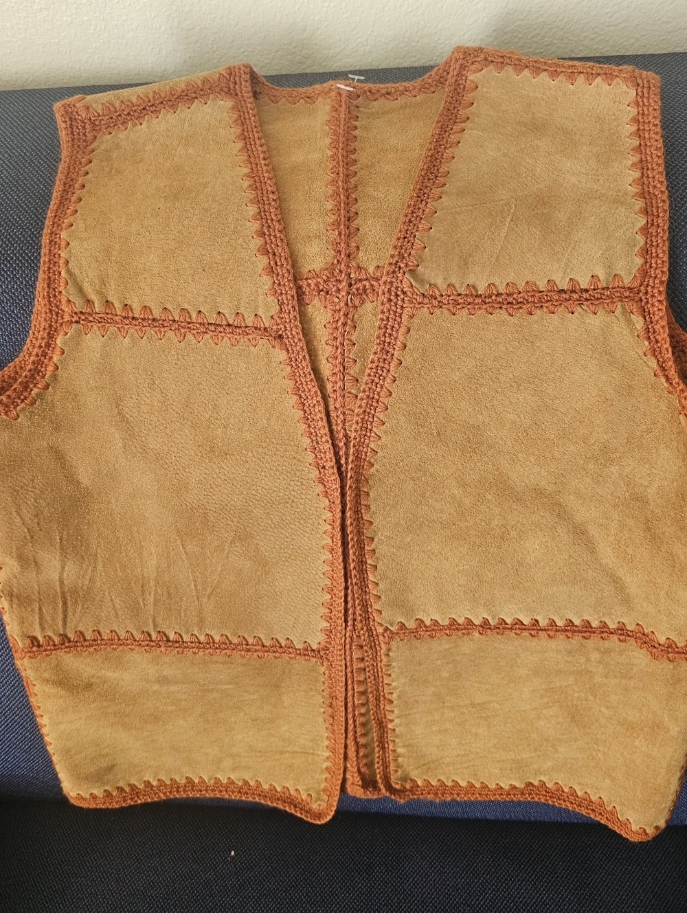 Suede Patchwork Vest in Warm Tan & Rust Trim